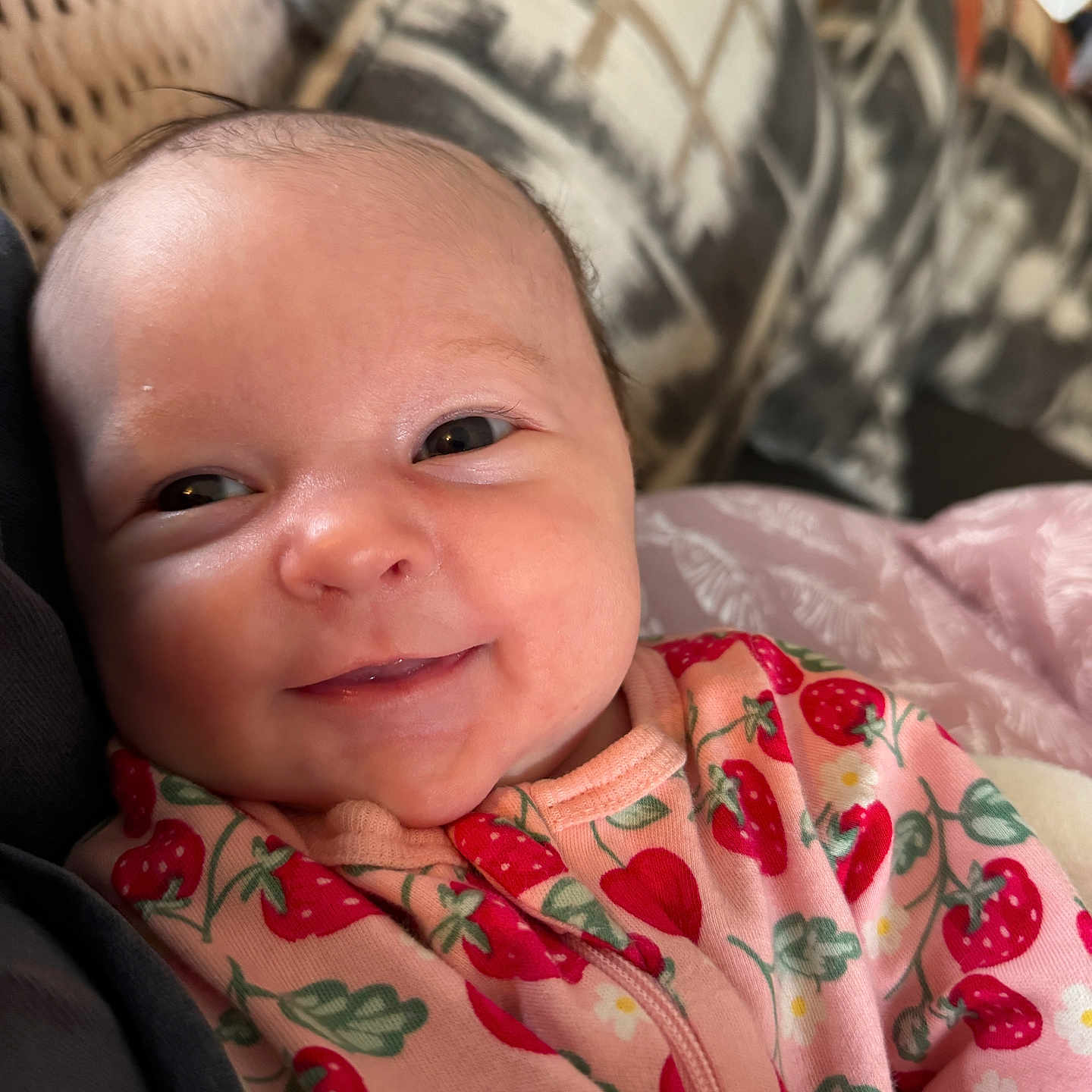 Delilah joined the competition — help win amazing prizes! baby, blanket, bodypart, couch, crib, cushion, face, finger, furniture, hand, happy, head, homedecor, infantbed, newborn, pattern, person, photography, portrait, smile