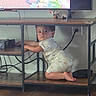 Leo joined the competition — help win amazing prizes! baby, cables, child, crawling, curious, electronics, furniture, home, indoor, infant, kneeling, living_room, onesie, plush_toy, portrait, sitting, smiling_pattern, television, tv_stand, wooden_floor
