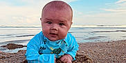 Cohen joined the competition — help win amazing prizes! baby, child, beach, sand, ocean, water, sky, swimsuit, blue, turtle, infant, portrait, outdoor, sunlight, cute, young, lying_down, nature, waves, shore
