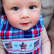 Cohen is registered to the contest to win money with this photo: baby, child, face, blue_eyes, plaid_clothing, red, white, blue, american_flag, star_pattern, infant, cute, portrait, closeup, smiling, skin, hand, cushion, seated, fashion