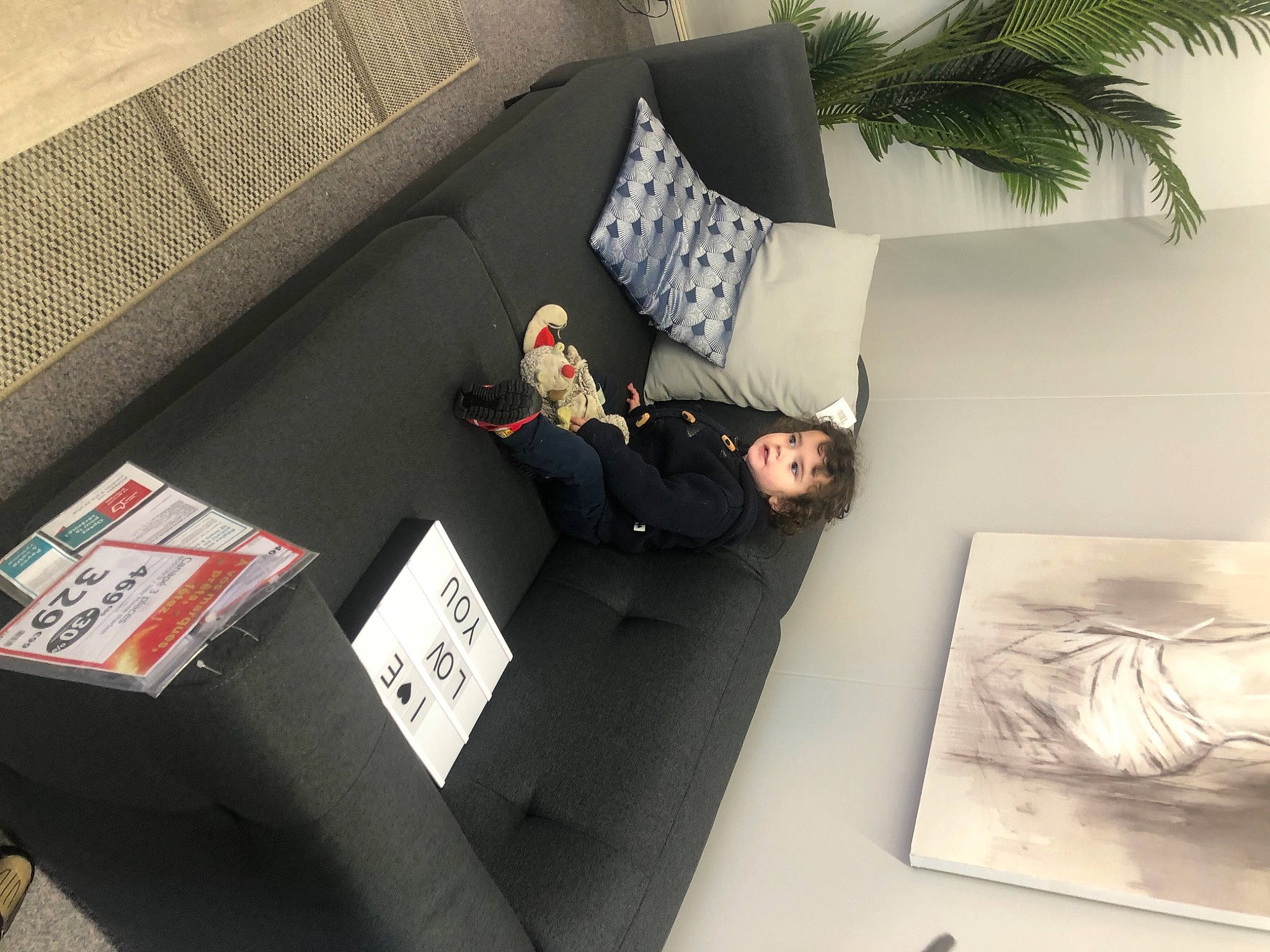 Djino a rejoint le concours — aidez-le/la à gagner de superbes lots ! art, automotive_design, comfort, couch, floor, flooring, font, grey, house, interior_design, linens, living_room, person, plant, room, sitting, studio_couch, table, tree, wall