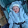Oscar is registered to the contest to win money with this photo: baby, child, smiling, blue_costume, bear_costume, stroller, outdoor, happy, cute, infant, warm_clothing, baby_boy, face, seatbelt, plush, hooded_jacket, person, portrait, early_morning, cozy