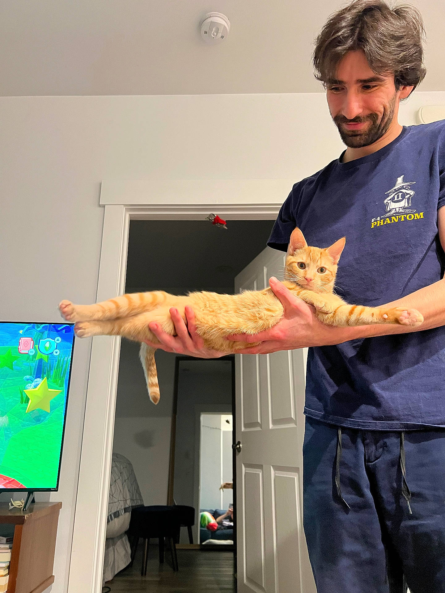 Mars is registered to the contest to win money with this photo: bed, casual_clothing, cat, curious, doorway, furniture, hands, holding, home, indoor, man, mirror, orange_tabby, pet, relaxed, room, smile, stretched_out, tv_screen, wooden_floor