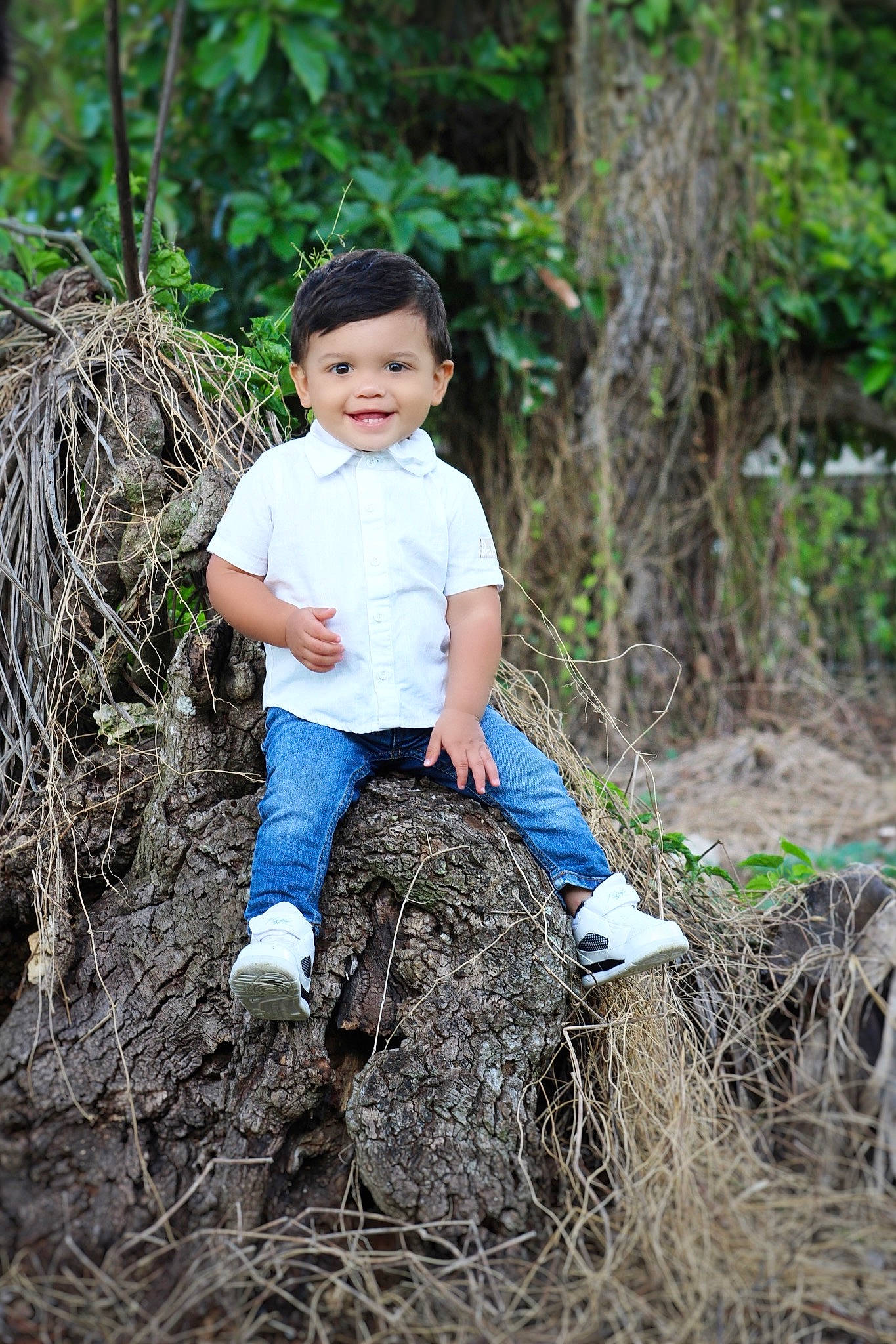Aiden is registered to the contest to win money with this photo: child, forest, grass, joy, jungle, people_in_nature, person, photograph, photography, plant, smile, toddler, tree, trunk