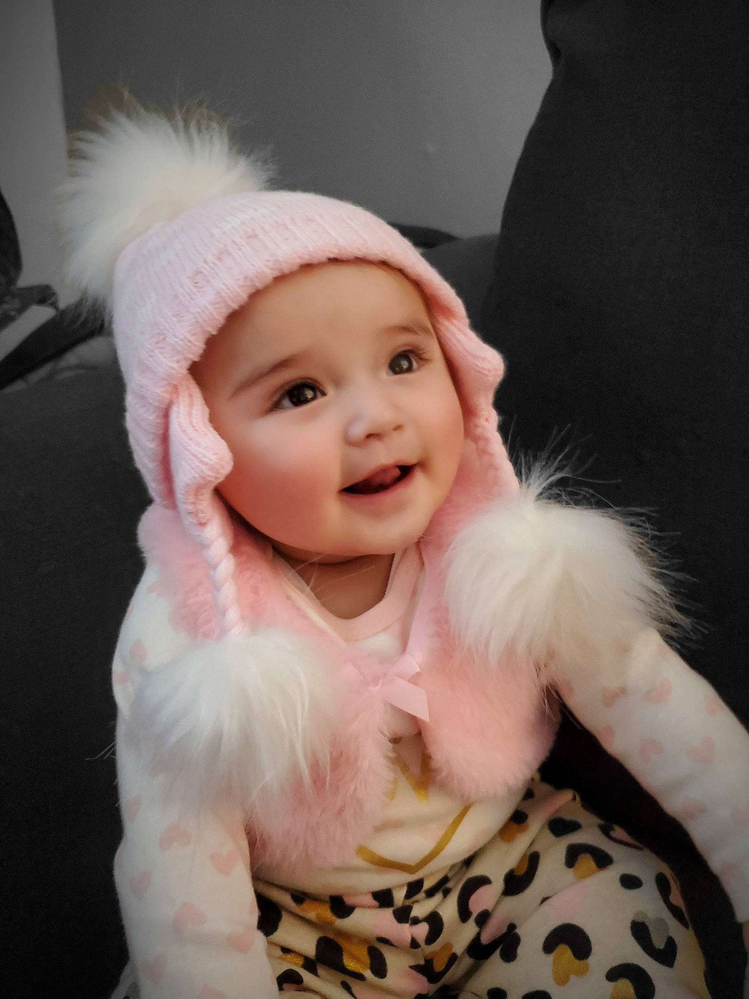 Sophia joined the competition — help win amazing prizes! baby, cap, cheek, child, child_model, fashion_accessory, fur, fur_clothing, hat, headgear, headwear, person, pink, skin, smile, toddler