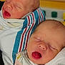 newborn, baby, sleeping, blanket, wrapped, infant, cute, peaceful, soft, closeup, face, mouth_open, hospital, swaddled, newborn_baby, child, twin, indoor, portrait, human