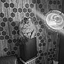 cat, fluffy_cat, speaker, vintage_lamp, wooden_wall, hexagonal_pattern, indoor, pet, furniture, lighting, spotlight, interior, decor, animal, feline, cozy, black_and_white, portrait, sitting, fur