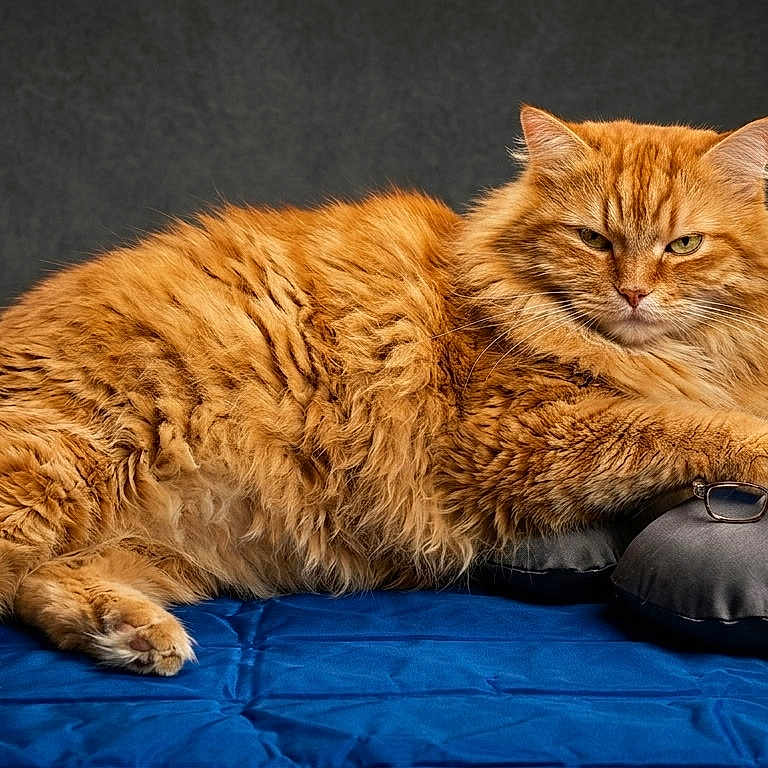Tiber participe au concours pour gagner de l'argent avec cette photo : cat, orange_cat, fluffy, pet, animal, indoor, resting, cushion, glasses, blue_quilt, feline, fur, relaxed, portrait, domestic_cat, cute, closeup, home, laying, cozy