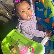 Charm is registered to the contest to win money with this photo: toddler, child, high_chair, pink_bow, curly_hair, sippy_cup, snacks, indoor, furniture, face, eyes, clothing, tray, holding, hair_accessory, colorful, baby_food, room, sink, basket
