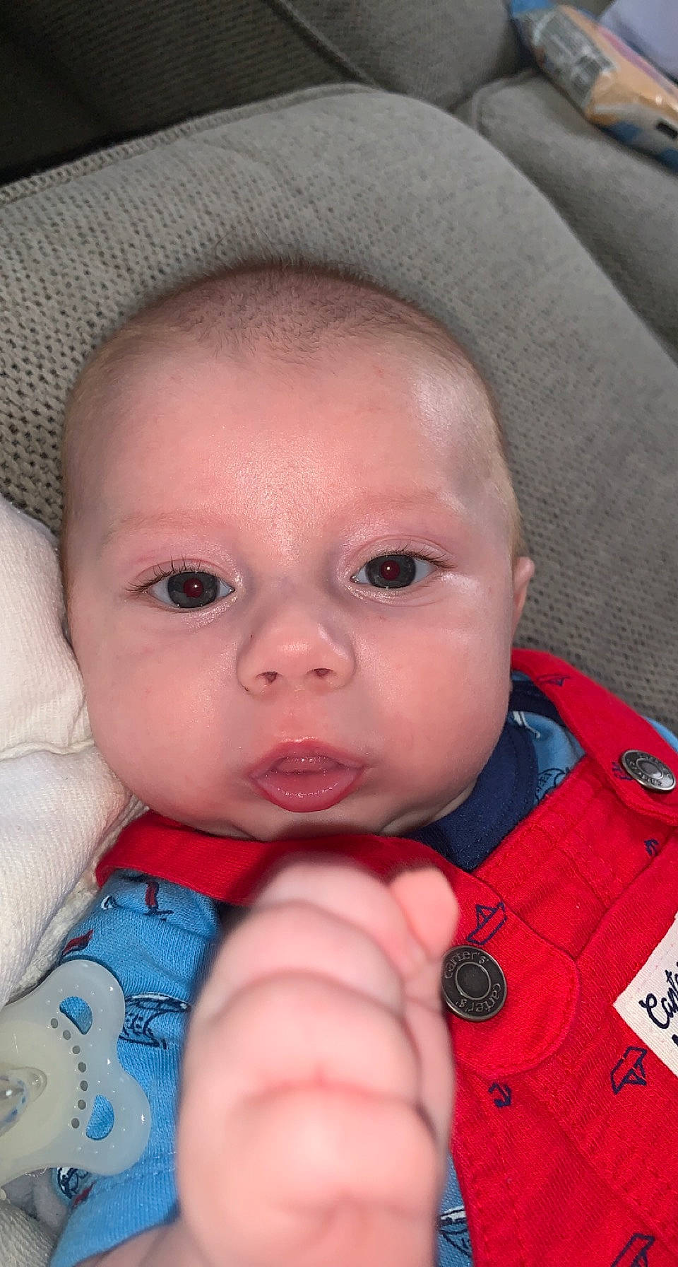 Weslee is registered to the contest to win money with this photo: baby, baby_toddler_clothing, cheek, chin, comfort, ear, eye, eyebrow, eyelash, finger, iris, lip, mouth, nose, organ, person, skin, sleeve, textile, toddler