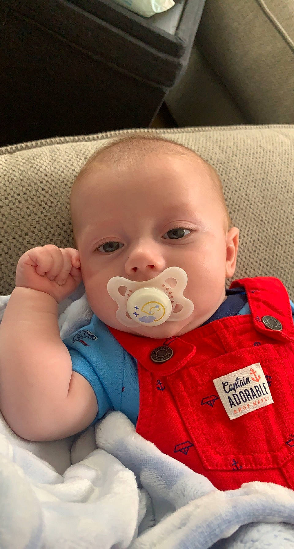 Weslee is registered to the contest to win money with this photo: baby, baby_products, baby_toddler_clothing, cheek, child, chin, comfort, eyelash, finger, gesture, happy, iris, lip, mouth, nose, person, sitting, skin, sleeve, thumb