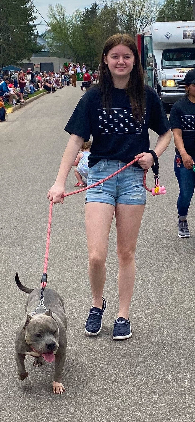 Alyssa is registered to the contest to win money with this photo: bag, blue, carnivore, clothing, collar, companion_dog, cool, dog, dog_breed, electric_blue, eyewear, jean_short, joy, person, photograph, pink, shoe, snapshot, sneakers, t_shirt