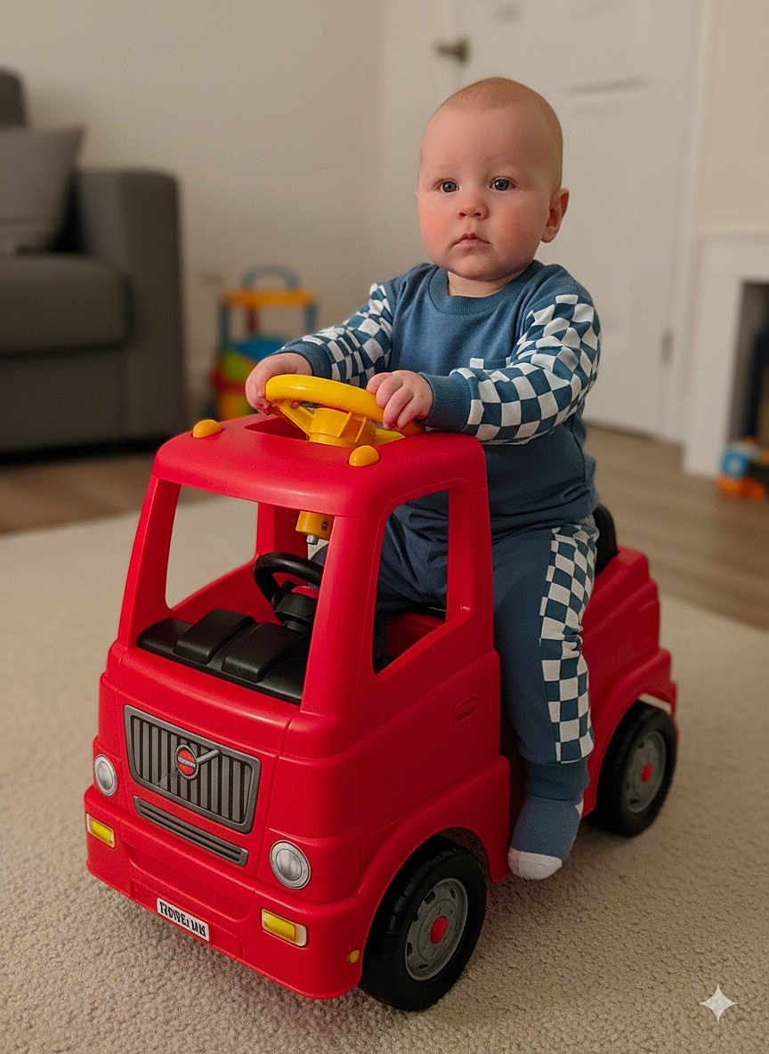 Joseph is registered to the contest to win money with this photo: baby, blue_outfit, carpet, checkered_pattern, child, cute, door, floor, furniture, home, indoor, living_room, playtime, red_toy, serious_expression, steering_wheel, toddler, toy_truck, toy_vehicle, young_child
