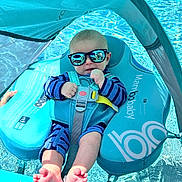 Bentley joined the competition — help win amazing prizes! baby, sunglasses, pool, float, water, infant, swimwear, sunshade, blue, child, outdoor, relaxing, sitting, safety_harness, toes, summer, sunny, reflection, floating, casual