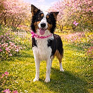Disco is registered to the contest to win money with this photo: dog, border_collie, pet, animal, standing, outdoors, garden, flowers, spring, cherry_blossoms, grass, pink_bow, collar, happy, open_mouth, tongue, portrait, sunlight, fence, phone_screenshot