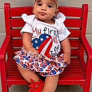 Alison joined the competition — help win amazing prizes! baby, child, red_bench, american_flag, headband, dress, shoes, 4th_of_july, holiday, cute, portrait, sitting, celebration, face, outdoor, person, fashion, smile, festive, colorful