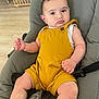 Sacha a rejoint le concours — aidez-le/la à gagner de superbes lots ! baby, child, infant, overalls, mustard_yellow, baby_seat, gray, pouty_expression, curious, indoors, wooden_baby_gate, light_wood_floor, sitting, cute, chubby_cheeks, short_hair, casual_clothing, home, person, portrait
