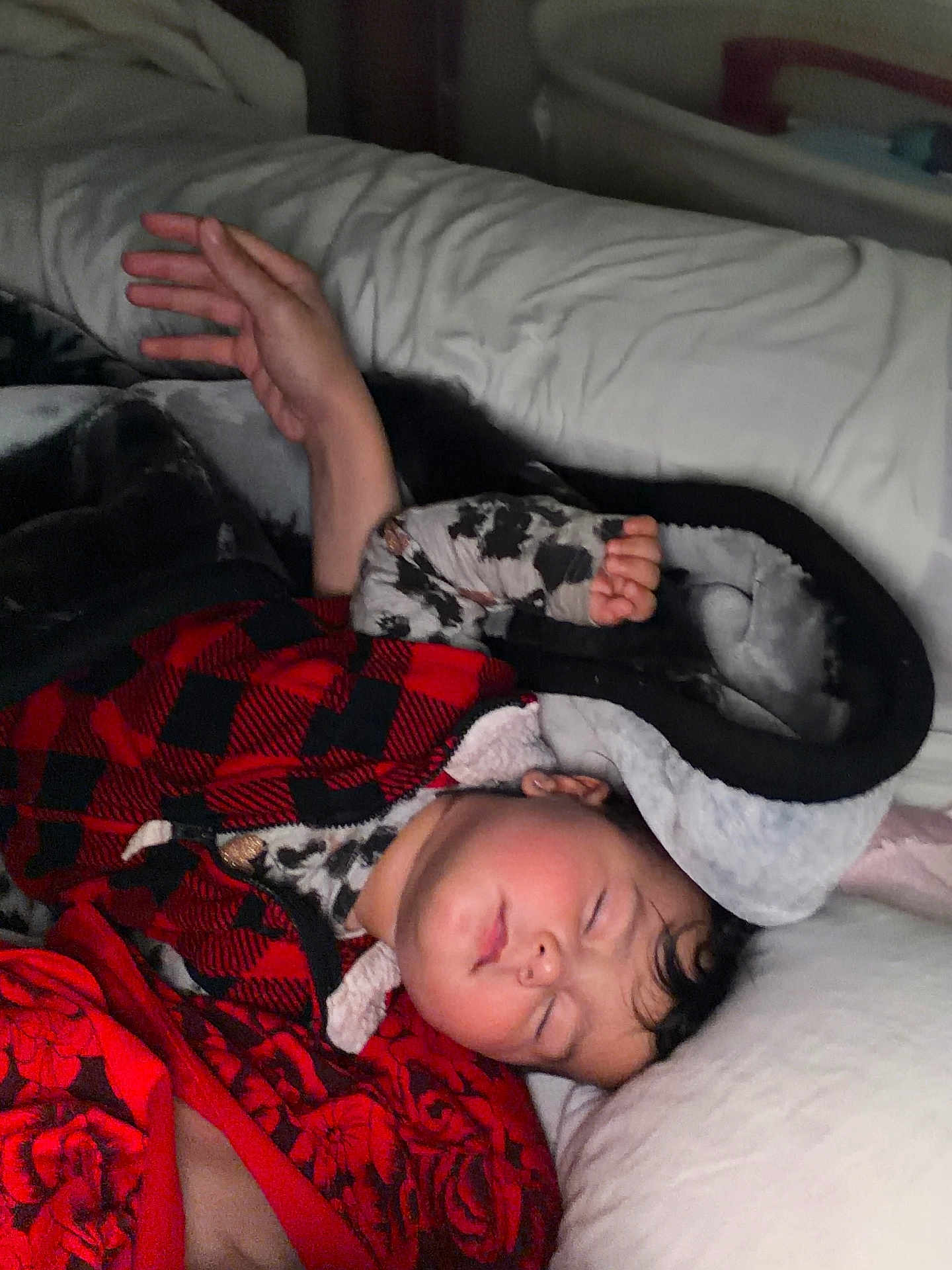 Talia joined the competition — help win amazing prizes! child, sleeping, pajamas, red, black, blanket, pillow, bed, cozy, rest, peaceful, indoor, person, relaxation, clothing, face, hair, comfort, toddler, nap