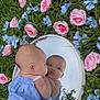 baby, mirror, reflection, blue_dress, pink_roses, blue_flowers, grass, nature, outdoor, cute, infant, portrait, flower_bed, skin, child, young, curious, closeup, peaceful, daylight