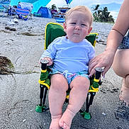 Colson is registered to the contest to win money with this photo: baby, beach, chair, child, clouds, expression, foot, hand, leg, outdoor, person, relaxation, sand, shirt, shorts, sky, summer, sunlight, umbrella, vacation