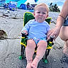Colson is registered to the contest to win money with this photo: baby, child, beach, sand, chair, umbrella, hand, person, sky, clouds, shorts, shirt, foot, leg, summer, vacation, outdoor, sunlight, expression, relaxation