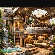Ratty is registered to the contest to win money with this photo: architecture, cat, chandelier, cozy, curtains, cushion, decor, furniture, indoor, lighting, luxury, plant, pool, relaxing, stairs, statue, tabby_cat, waterfall, window, wooden_floor