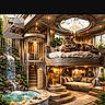 architecture, cat, chandelier, cozy, curtains, cushion, decor, furniture, indoor, lighting, luxury, plant, pool, relaxing, stairs, statue, tabby_cat, waterfall, window, wooden_floor