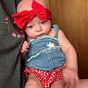 Amora joined the competition — help win amazing prizes! baby, child, red_bow, blue_top, red_checkered_bottoms, indoor, door, person, skin, hand, arm, face, head, clothing, holding, seated, close_up, casual, cute, infant