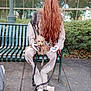 bare_feet, bench, bushes, chain, curly_fur, daylight, dog, fake_person, glass_building, leash, long_hair, mannequin, outdoor, pet, plastic_hands, red_hair, sidewalk, sitting, street_scene, urban