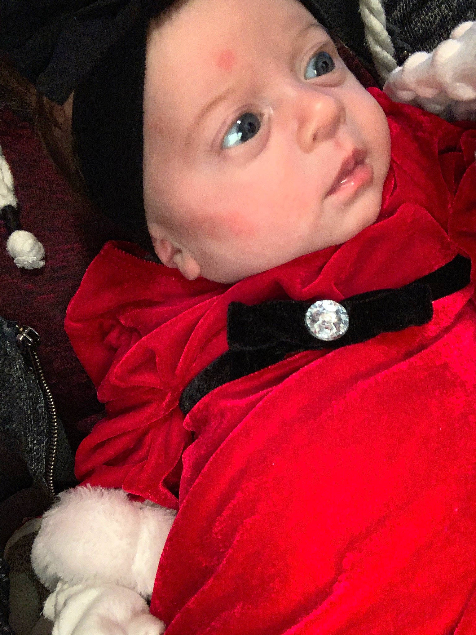 Emmarie joined the competition — help win amazing prizes! baby, bow_tie, carmine, cheek, child, collar, eye, facial_expression, fashion_accessory, formal_wear, fur, head, headwear, lip, magenta, outerwear, person, pink, red, sleeve