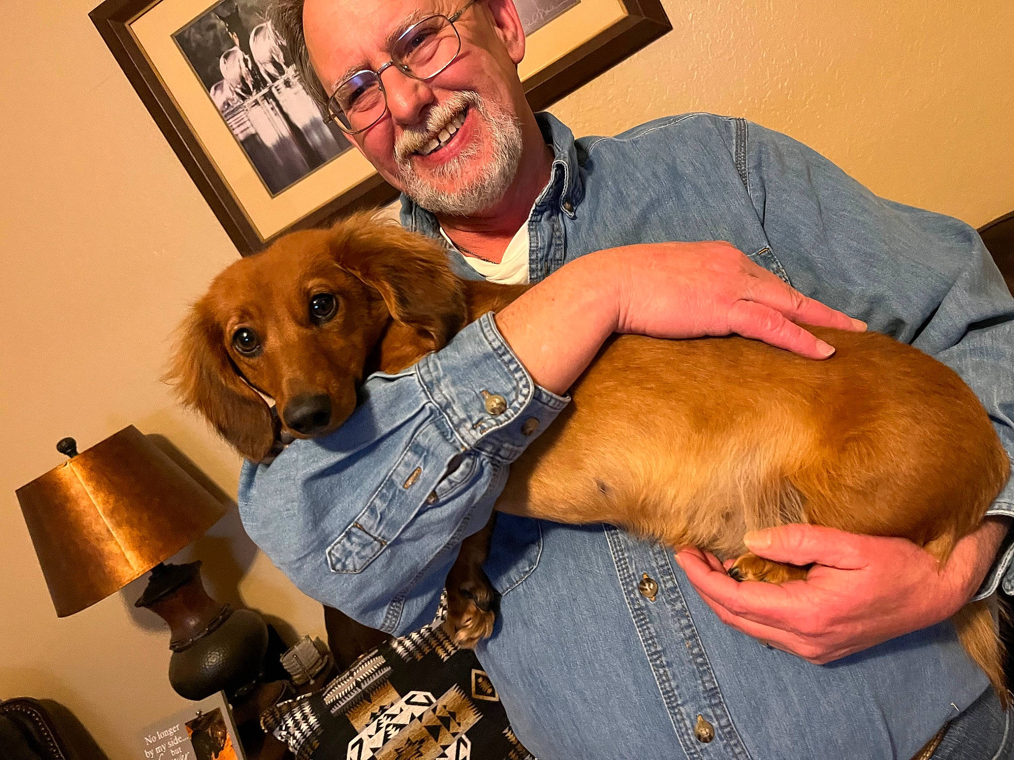 Rylee is registered to the contest to win money with this photo: art, beard, carnivore, clothing, comfort, companion_dog, dog, dog_breed, ear, eyewear, facial_hair, fawn, fur, happy, hat, liver, mammal, picture_frame, smile, working_animal