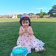 Alaina is registered to the contest to win money with this photo: child, toddler, birthday, birthday_cake, happy_birthday, party_hat, crown, girl, curly_hair, smiling, pink_dress, sandals, sitting, grass, park, outdoor, sunny, portrait, dessert, celebration
