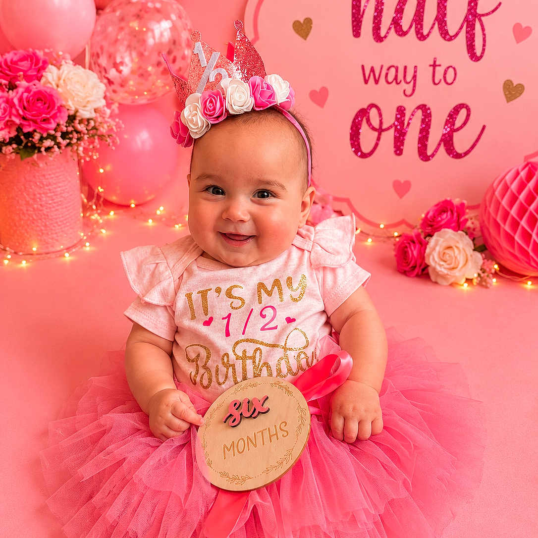 Alaina joined the competition — help win amazing prizes! baby, child, tutu, pink, birthday, party, balloons, flowers, smiling, crown, celebration, infant, cute, decorations, sign, tulle, festive, happy, portrait, sitting