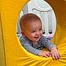 Braxton joined the competition — help win amazing prizes! baby, child, play_tunnel, yellow, smiling, happy, indoor, toy, infant, cute, clothing, hand, face, head, baby_toys, playing, crawling, colorful, childhood, fun