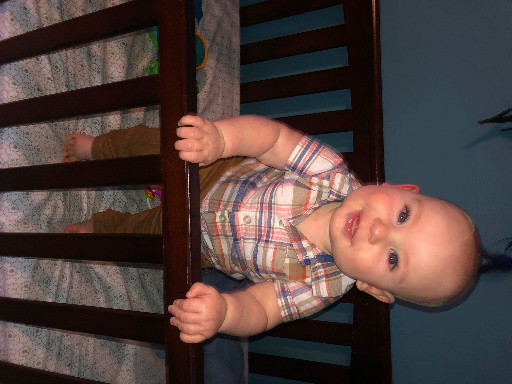 Langston joined the competition — help win amazing prizes! baby, baby_products, baby_safety, baby_toddler_clothing, cheek, elbow, finger, fun, gesture, hand, nose, person, product, skin, sleeve, smile, stairs, thumb, toddler, window