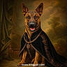 dog, german_shepherd, pointy_ears, portrait, sitting, cloak, cape, chain, medallion, ornate, regal, royal, costume, brown_fur, black_fur, open_mouth, outdoors, dramatic_lighting, painted_style, watermark