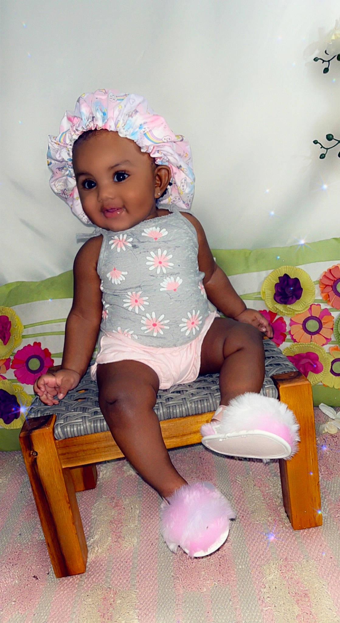 Jaliyah is registered to the contest to win money with this photo: baby, baby_toddler_clothing, chair, child, dress, finger, fun, happy, human_leg, joy, magenta, person, pink, purple, sitting, skin, sleeve, smile, sock, textile