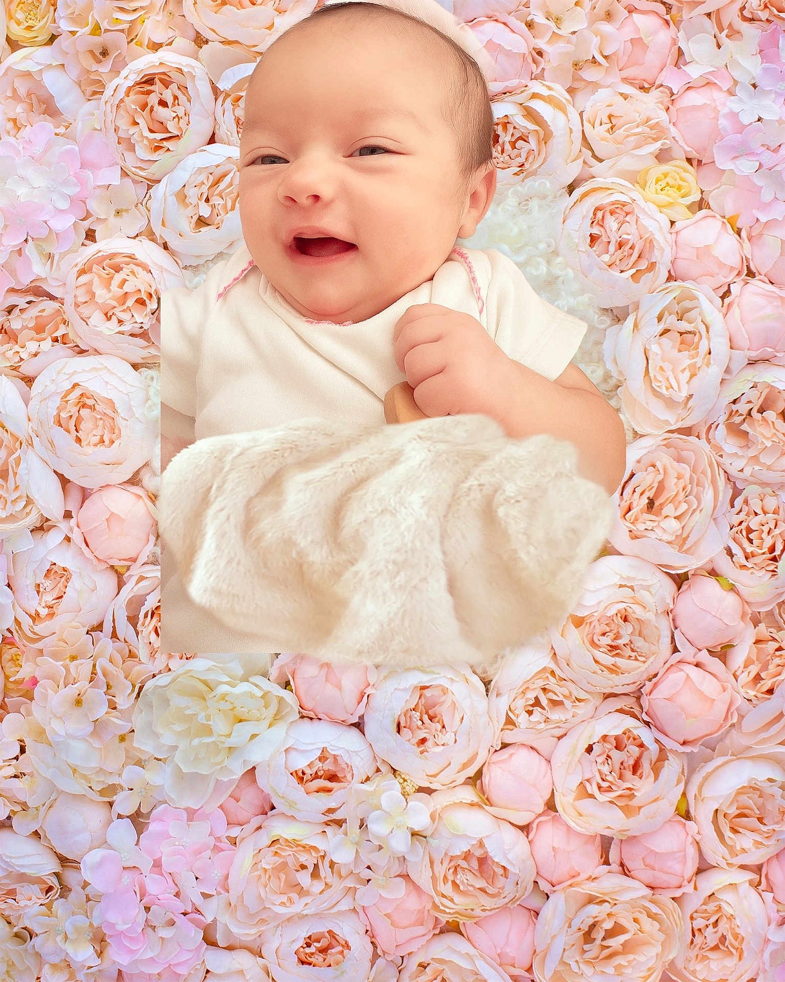 Alessia joined the competition — help win amazing prizes! baby, smiling, infant, blanket, flower, roses, floral_background, soft, cute, portrait, baby_clothing, closeup, head, face, skin, newborn, peaceful, lying_down, pastel_colors, decor
