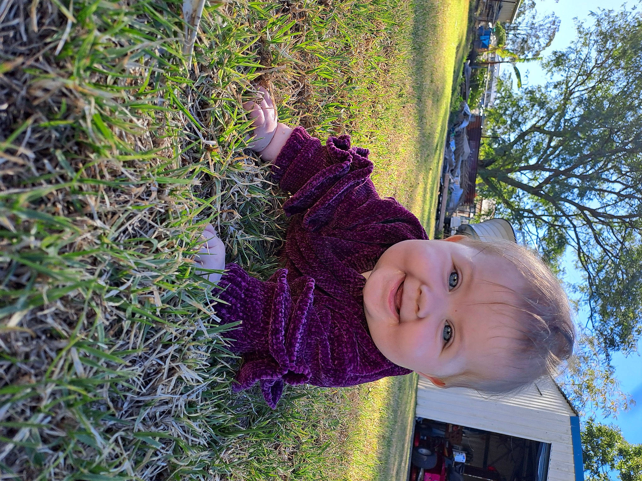 Aubrey joined the competition — help win amazing prizes! child, face, fun, grass, happy, joy, leaf, leisure, magenta, mammal, people_in_nature, person, plant, shrub, sky, smile, soil, spring, toddler, tree