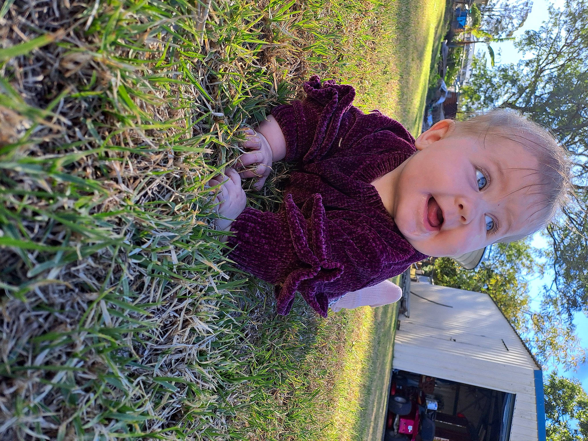 Aubrey joined the competition — help win amazing prizes! baby_toddler_clothing, child, electric_blue, fun, grass, groundcover, happy, leaf, leisure, magenta, pattern, people_in_nature, person, plant, sky, smile, soil, toddler, tree, woody_plant