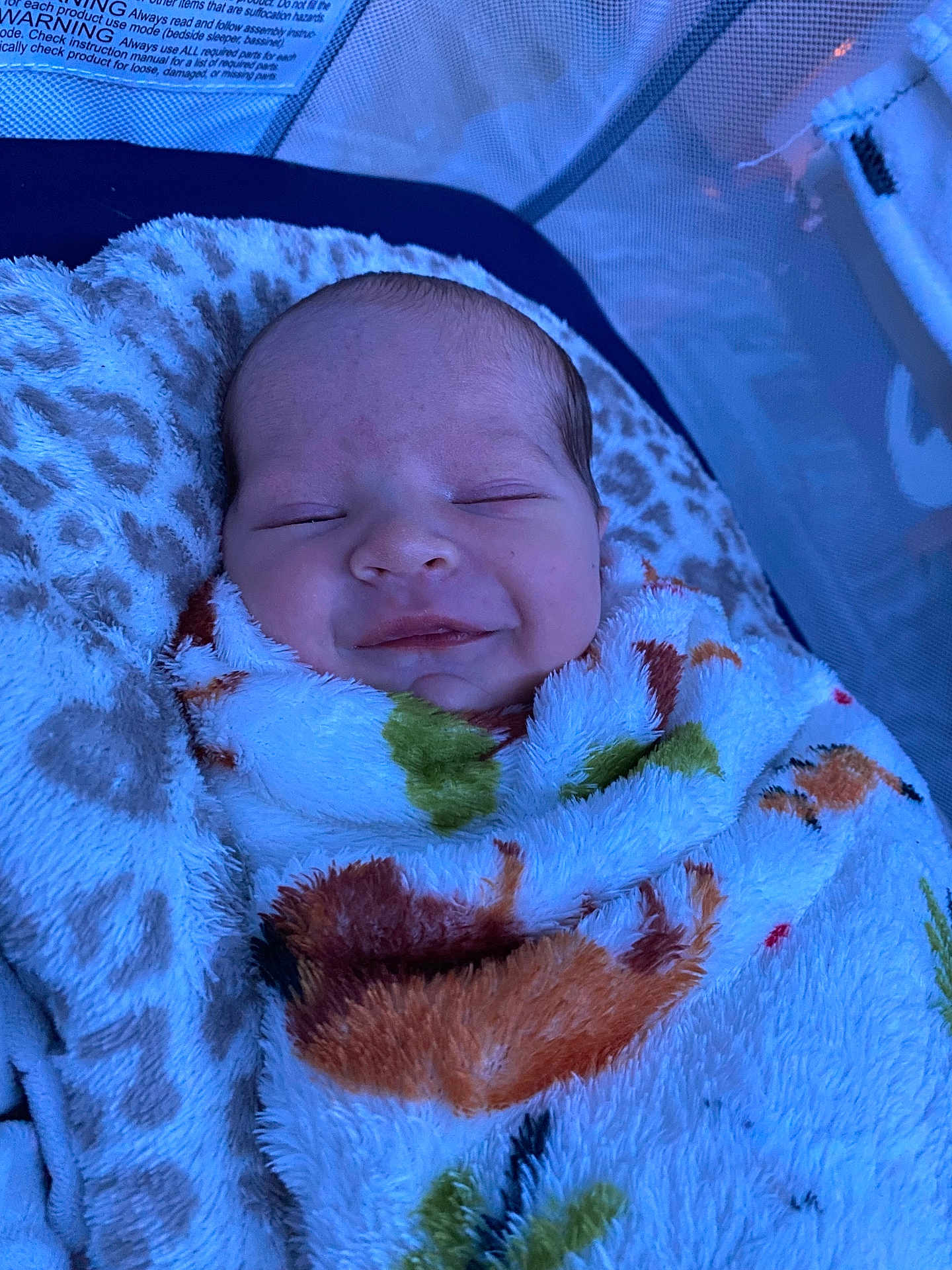 Bentley is registered to the contest to win money with this photo: baby, infant, newborn, blanket, swaddle, smile, sleeping, face, head, cheeks, fuzzy_texture, patterned_blanket, playpen, bassinet, pillow, close_up, portrait, cozy, blue_tint, peaceful