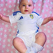 Ellanda joined the competition — help win amazing prizes! baby, infant, white_clothing, soccer_jersey, blue_stripes, headband, lace_bow, pink_blanket, star_pattern, laying_down, arms_spread, cute, child, portrait, indoor, soft_texture, sock, white_sock, happy, smiling