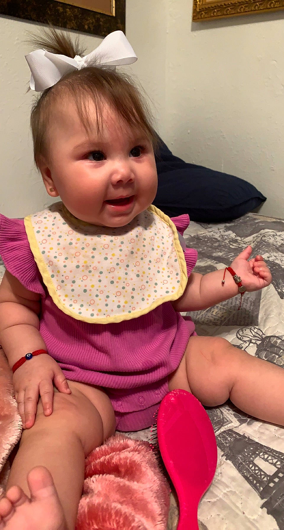 Kailani is registered to the contest to win money with this photo: baby_toddler_clothing, cheek, dress, eye, face, facial_expression, hair, hairstyle, head, human, human_body, joint, leg, mouth, neck, organ, person, purple, skin, sleeve