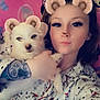 Bluey joined the competition — help win amazing prizes! person, dog, selfie, filter, bear_ears, bear_nose, tattoo, pajamas, blanket, minnie_mouse, pink, cute, pet, face, indoor, cozy, white_dog, holding_pet, close_up, smile