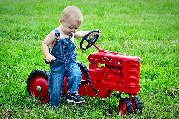 Kyson is registered to the contest to win money with this photo: agricultural_machinery, automotive_tire, grass, grassland, lawn_mower, motor_vehicle, mower, nature, people_in_nature, person, plant, product, riding_toy, summer, tire, toddler, tractor, tread, vehicle, vertebrate