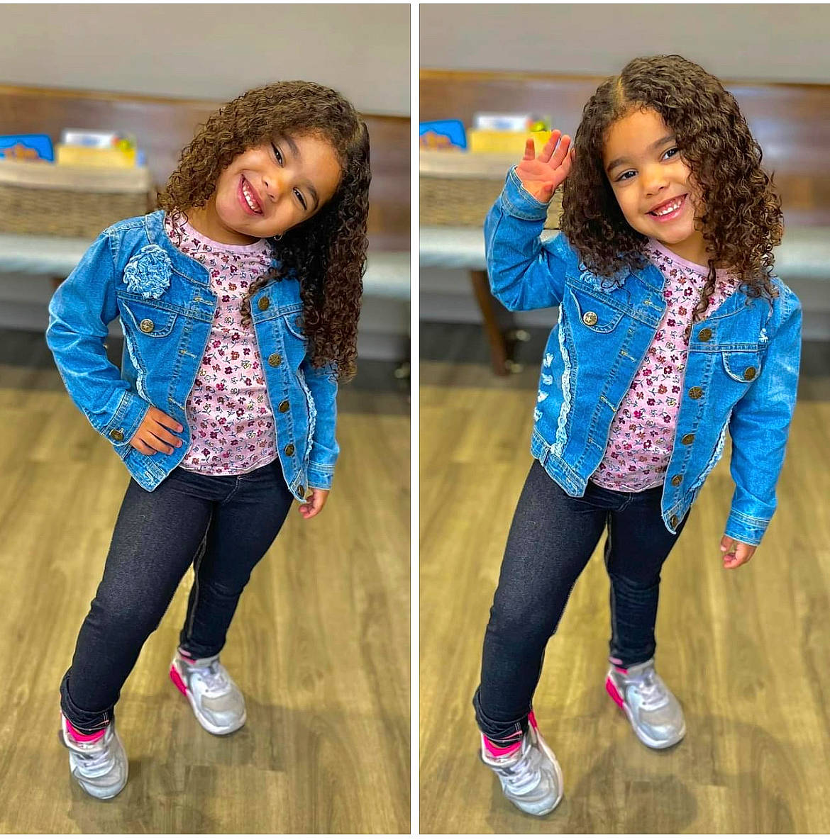 Brynlee is registered to the contest to win money with this photo: clothing, denim, electric_blue, fashion_accessory, fashion_design, footwear, fun, happy, joy, knee, leg, leggings, leisure, magenta, pattern, person, purple, shoe, sleeve, smile