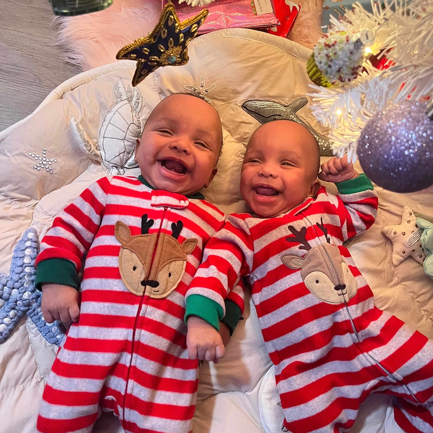 Wylder And Ryder joined the competition — help win amazing prizes! baby, celebration, christmas, cute, decorations, gifts, happy, holiday, indoor, infant, joy, ornaments, pajamas, playmat, red_stripes, reindeer, smiling, toys, tree, twins