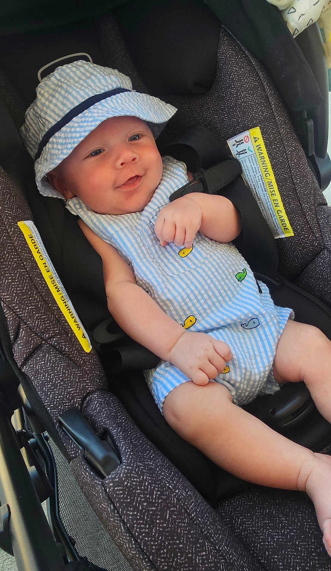 Raiden joined the competition — help win amazing prizes! baby, infant, car_seat, hat, striped_clothing, smile, happy, child, cute, seat_belt, summer, outdoor, small_person, skin, hand, legs, blue, white, pattern, comfort