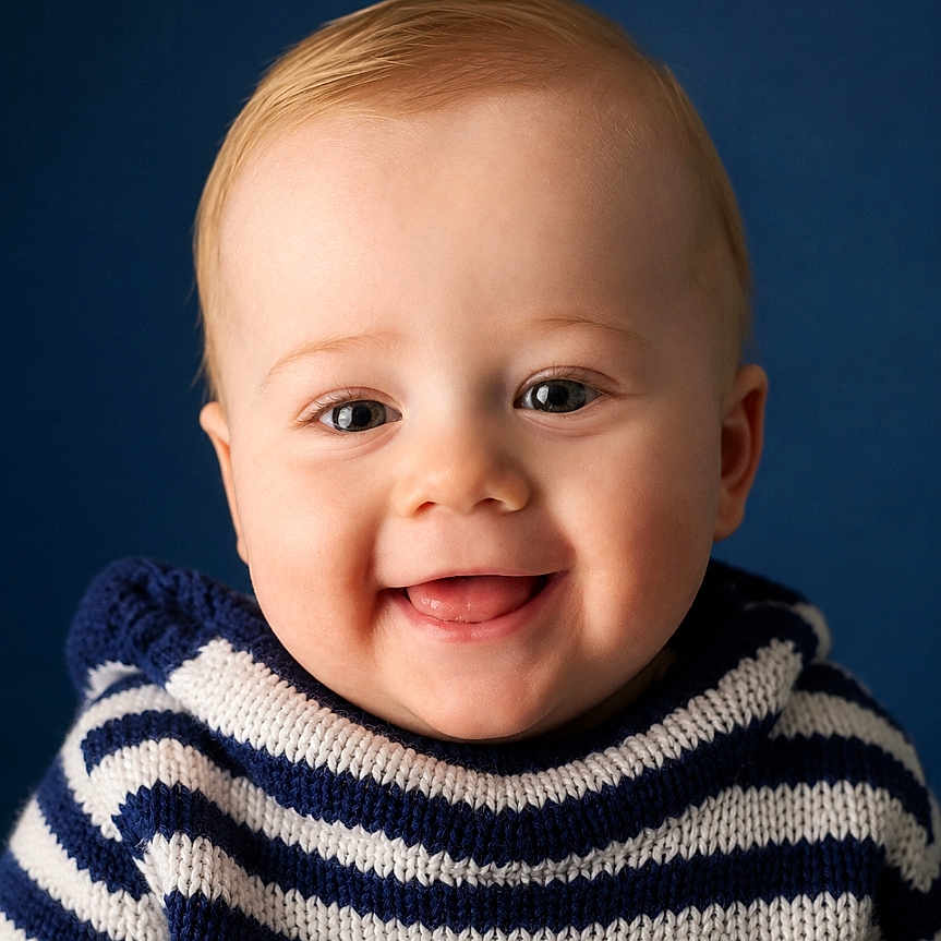 Noé a rejoint le concours — aidez-le/la à gagner de superbes lots ! baby, smiling, portrait, child, blue_background, striped_sweater, cute, happy, face, infant, young_child, sitting, studio_photo, closeup, headshot, person, indoors, light_skin, short_hair, casual_clothing