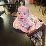 Raelynn joined the competition — help win amazing prizes! baby, high_chair, indoor, table, people, restaurant, floor_tiles, brick_wall, jacket, blanket, curious, face, person, child, clothing, furniture, seated, expression, hands, mouth_open